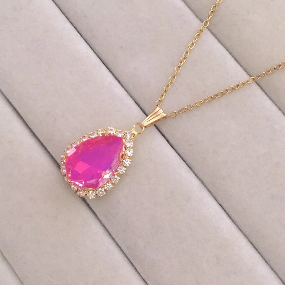 Fuchsia Hot Pink Opal Aurora Borealis + Gold Crystal Halo Drop Pendant Necklace